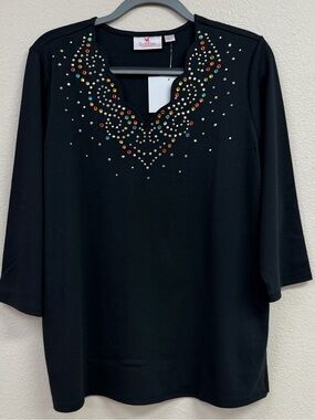 Quacker Factory Swirling Leaves Rhinestone Top NWT Size Large Black QVC